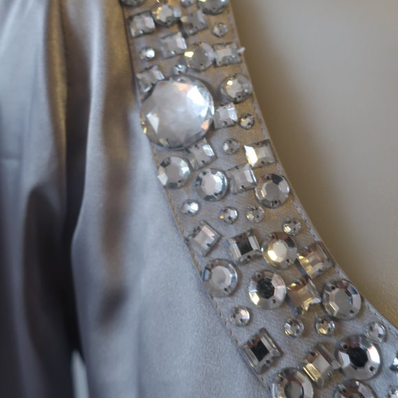 NWT Womens BCBGMaxazria Silver Satin Rhinestone V-Neck Tunic Top M * - Picture 6 of 12